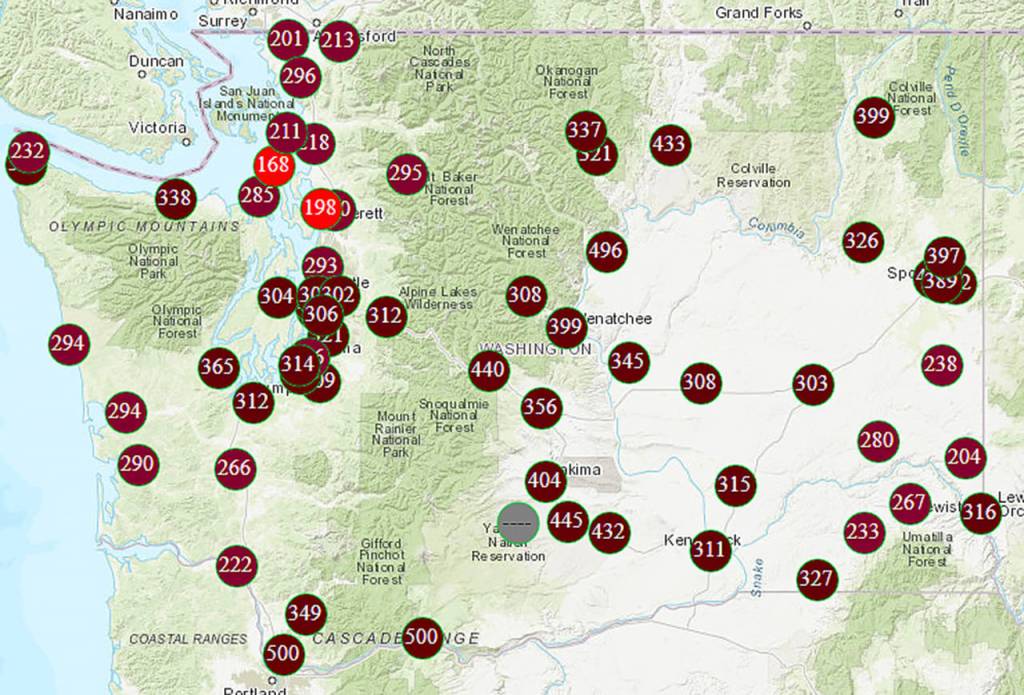 Between Saturday, Sept. 12, and Thursday, Sept. 17, 2020, every air quality monitor in Washington recorded levels of particulate pollution above the federal 24-hour standard. (Department of Ecology)