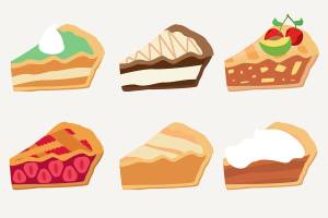 Colorful sweet cakes or pies slices pieces set. Set of four berry crumble pies. Vector illustration.