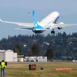 The final version of the 737 MAX, the MAX 10, takes off from Renton Airport in Renton, WA on its first flight Friday, June 18, 2021. The plane will fly over Eastern Washington and then land at Boeing Field  (Ellen M. Banner/The Seattle Times via AP, Pool)
