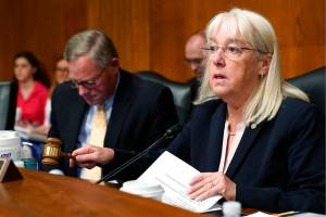 Senate Health Education, Labor, and Pensions Committee Chair Sen. Patty Murray, D-Wash., right, uses her gavel to begin a hearing on Capitol Hill in Washington, Thursday, June 17, 2021, to examine the COVID-19 response and recovery and how to support students in higher education and safely return to campus. Ranking member Sen. Richard Burr, R-N.C., is at left. (AP Photo/Susan Walsh)