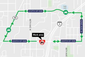 Traffic will be rerouted from a closed section of 220th Street SW just west of I-5 for overnight road repairs Wednesday and Thursday. (Sound Transit)