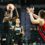 The Storms Jewell Loyd shoots during a game against the Mystics on Tuesday evening at Angel of the Winds Arena in Everett. Loyd passed the 3,000 point mark for her career in the game. (Andy Bronson / The Herald)