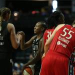 The Storms Jewell Loyd is congratulated by Mercedes Russell after passing the 3,000 career points mark during a game against the Mystics on Tuesday evening at Angel of the Winds Arena in Everett. (Andy Bronson / The Herald)