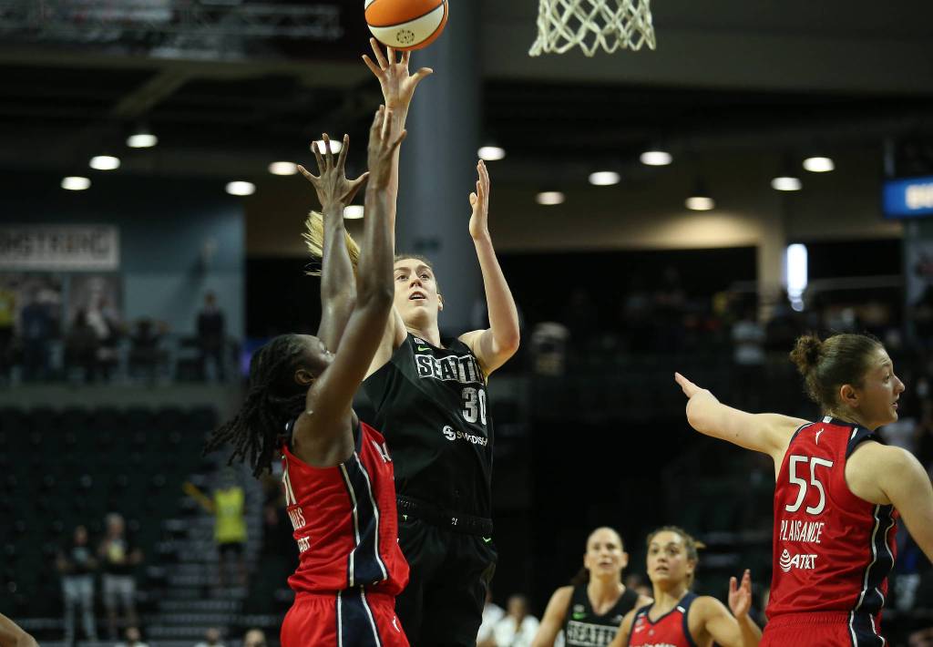The Storms Breanna Stewart tries to tie the game with less than 4 seconds left against the Mystics on Tuesday evening at Angel of the Winds Arena in Everett. (Andy Bronson / The Herald)