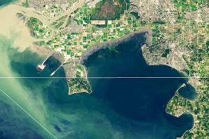 Point Roberts dangles below the 49th parallel — the line of latitude that was established in 1846 as the political boundary between the northwestern United States and Canada. (NASA)