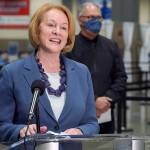 Seattle Mayor Jenny Durkan speaks at a news conference as Washington Gov. Jay Inslee looks on March 10 at the Lumen Field Events Center in Seattle. (AP Photo/Ted S. Warren, file)