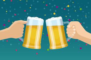Human hands with glass beer mugs. Oktoberfest. Vector flat  illustration.