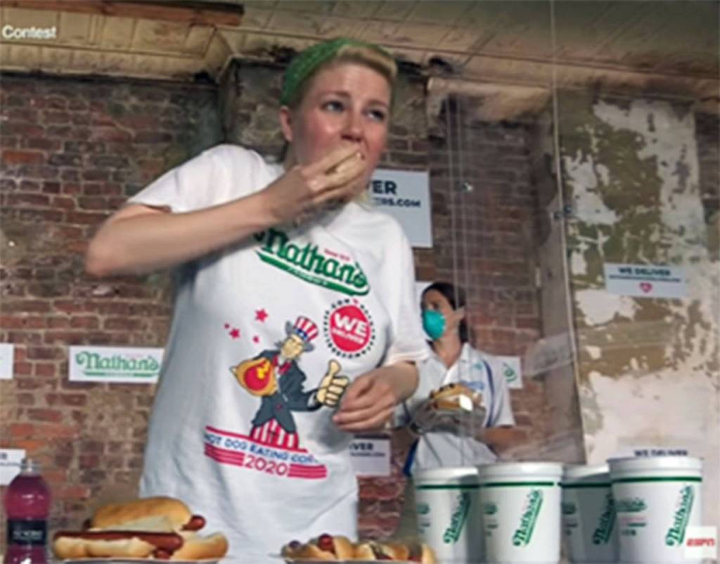 Katie Prettyman, 38, of Marysville, at a previous Nathans Famous Hot Dog Eating Contest in Coney Island, New York. (Submitted photo)