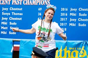 Katie Prettyman, 38, of Marysville, at a previous Nathan’s Famous Hot Dog Eating Contest in Coney Island. (Submitted photo) (Submitted photo)