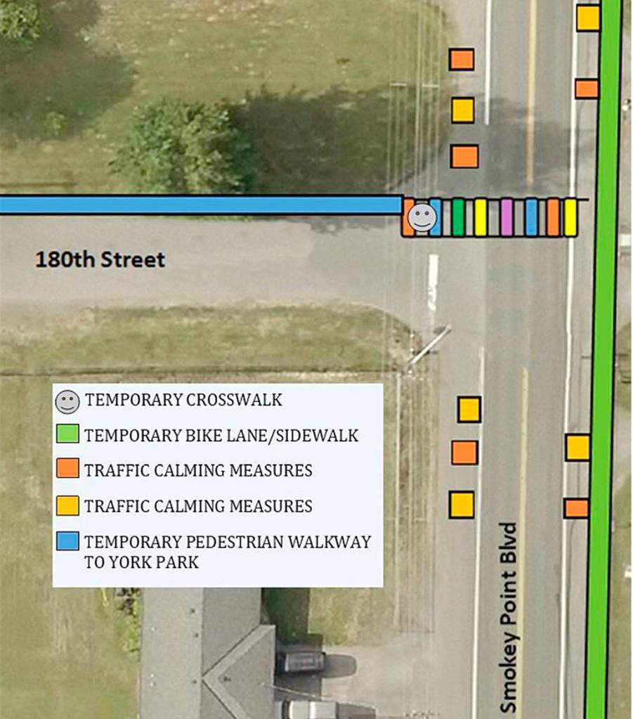 Arlington is doing a temporary demonstration of possible road changes at 180th Street NE and Smokey Point Boulevard. It includes a marked crosswalk, center median, reduced lane width and a slower speed limit. (City of Arlington)