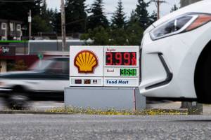 On Thursday, a gallon of regular was about $3.75XX in Washington. Prices are about $1 more per gallon compared to a year ago during the stay-at-home order. (Olivia Vanni / The Herald)