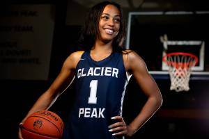 Aaliyah Collins, Glacier Peak senior, averaged 16 points, 4 assists, and 3 steals in the Grizzles undefeated 9-0 season. Collins will attend Chicago State University in the fall and is The Herald's girl basketball Player of the Year. (Kevin Clark / The Herald)