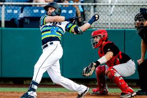 AquaSox's Zach DeLoach at bat with 2 RBIs in the third inning against Vancouver Canadians Tuesday evening at Funko Field at Everett Memorial Stadium in Everett June 29th, 2021. (Kevin Clark / The Herald)