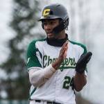 Marysville Getchell Malachi Knight claps after making it to third base during the game against Marysville Pilchuck on Wednesday, April 7, 2021 in Marysville, Wa. (Olivia Vanni / The Herald)