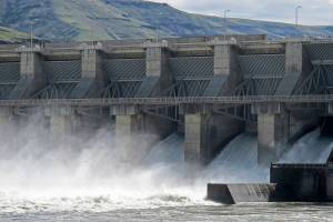 FILE - In this April 11, 2018, file photo, water moves through a spillway of the Lower Granite Dam on the Snake River near Almota, Wash. Some Republican members of Congress from the Northwest are accusing a GOP Idaho lawmaker of conducting secret negotiations with the Democratic governor of Oregon over a controversial proposal to breach four dams on the Snake River to save endangered salmon runs. (AP Photo/Nicholas K. Geranios, File)