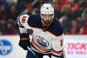 Edmonton Oilers left wing Jujhar Khaira plays against the Detroit Red Wings in the first period of an NHL hockey game Tuesday, Oct. 29, 2019, in Detroit. (AP Photo/Paul Sancya)