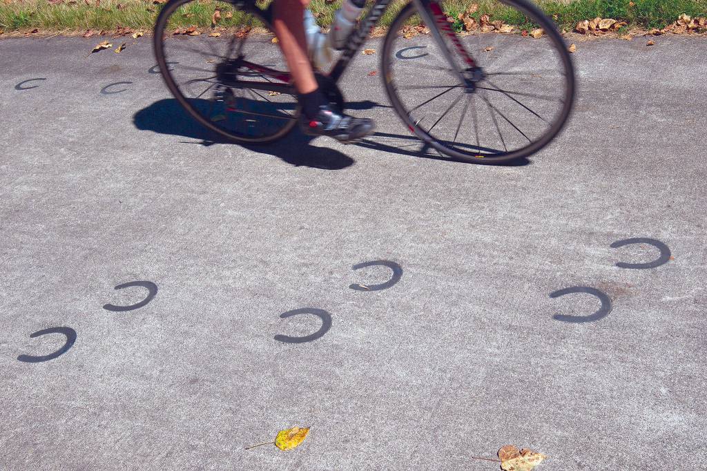 Horseshoe designs on the north end of the Centennial Trail signify the routes dual use as an equestrian path. (Andy Bronson / The Herald)