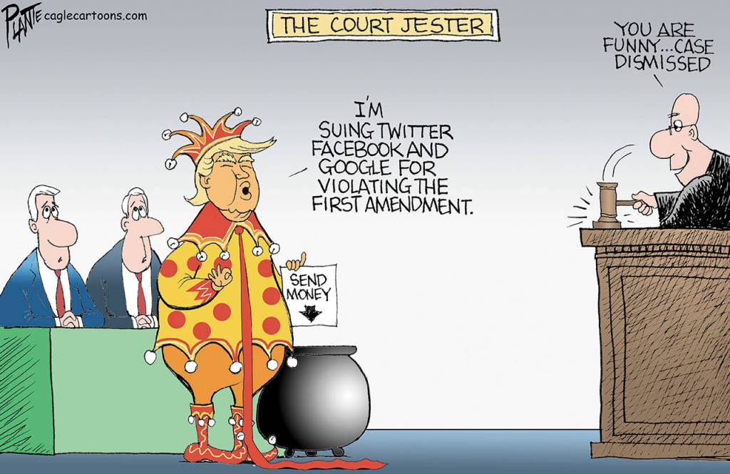 Trump lawsuit against Twitter, Facebook and Google, Big Tech, social media, banning, Former President Donald J. Trump, violating First Amendment, businesses, government, bogus suit, the court jester