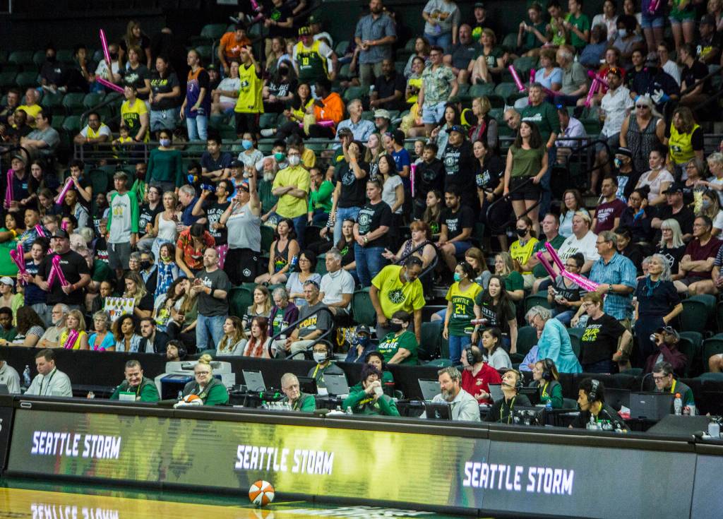 Fans cheer during the Seattle Storm game against the Phoenix Mercury on Sunday, July 11, 2021 in Everett, Wash. (Olivia Vanni / The Herald)