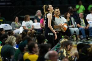 Seattle Storm’s Breanna Stewart laughs with a referee during the Seattle Storm game against the Phoenix Mercury on Sunday, July 11, 2021 in Everett, Wash. (Olivia Vanni / The Herald)