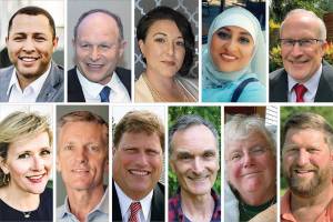 Mukilteo Council candidates (top L-R): Louis Harris, Peter Zieve, Tina Over, Ayesha Riaz Khan, Kevin Stoltz; (bottom L-R): Caitlein Ryan, Tom Jordal, Steve Schmalz, Tim Ellis, Carolyn “Dode” Carlson, Alex Crocco.