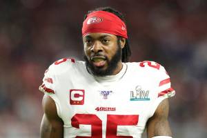 FILE - San Francisco 49ers cornerback Richard Sherman (25) is seen during the NFL football Super Bowl 54 game against the Kansas City Chiefs in Miami Gardens, Fla., in this Feb. 2, 2020, file photo. Former Seattle Seahawks and San Francisco 49ers star Richard Sherman was booked into a jail in Seattle on Wednesday morning, July 14, 2021, accused of “Burglary Domestic Violence.” (AP Photo/Gregory Payan, File)