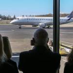 The first flight for United Airlines servicing Paine Field taxis to the gate on March 31, 2019. (Kevin Clark / Herald file)