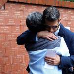 Genna Martin / The Herald
James Snow hugs his mother Ruth Perin after unveiling a tile in honor of his brother Peter John Snow, who was killed by a drunk driver in 1994.  Thirteen new names were added to the DUI victims memorial wall during the ceremony in McCollum Park, Thursday.
Photo taken 090172015