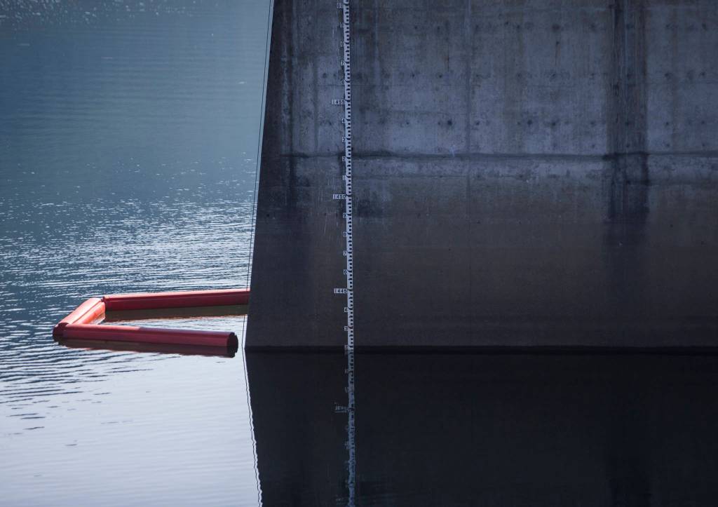 A water level marker is visible Friday on the intake tower at the Culmback Dam on Spada Lake in Sultan. (Olivia Vanni / The Herald)