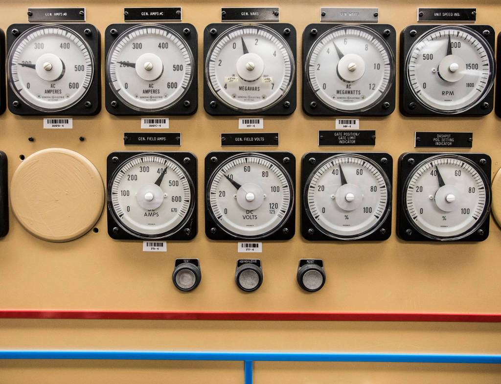 Megawatt meters inside the control center at Henry M. Jackson Hydroelectric Project in Sultan. (Olivia Vanni / The Herald)