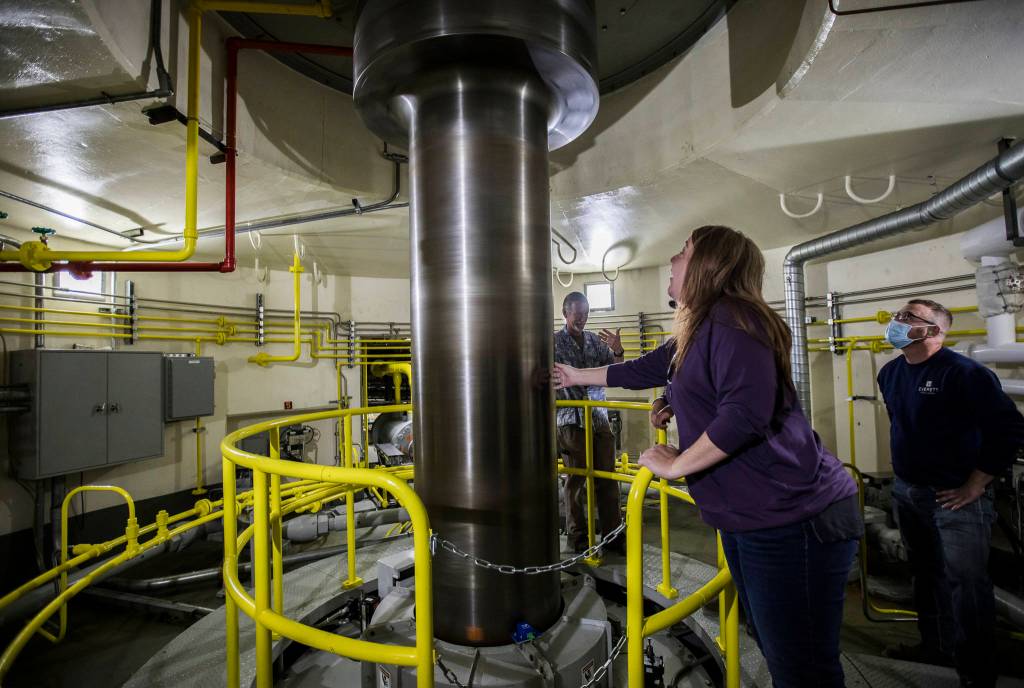 One of two Pelton turbines at the Jackson Powerhouse in Sultan. (Olivia Vanni / The Herald)
