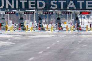 This Feb. 12, 2021, file photo shows the border crossing into the United States in Lacolle, Quebec. The United States Government on Wednesday, July 21, 2021, extended the closure of the land borders with Canada and Mexico to non-essential travelers until at least Aug. 21. (Paul Chiasson/The Canadian Press via AP, File)