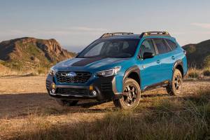 The 2022 Subaru Outback Wilderness has matte black cladding with important contact points in a high-contrast golden yellow color. (Manufacturer photo)