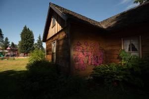 Graffiti can be seen on the back walls of the Pioneer Gehl House in Jennings Memorial Park on Thursday, July 22, 2021 in Marysville, Washington. The Marysville Historical Society is not sure how to move forward since the house is made of old-growth wood that's impossible to power wash. (Andy Bronson / The Herald)