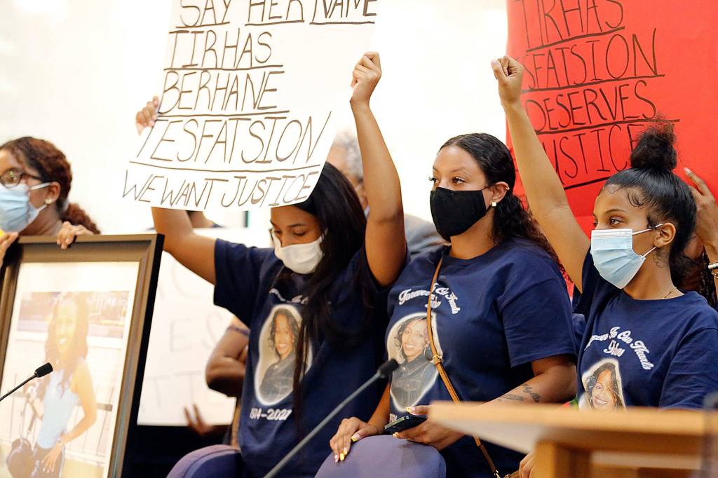 Family members of Tirhas Tesfastion gather in the City Council chambers Monday at Lynnwood City Hall. (Kevin Clark / The Herald)