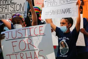 Family, friends and supporters gather in the quest for answers in the death of Tirhas Tesfatsion on July 13 during a protest rally Monday afternoon at the Lynnwood City Hall on July 26, 2021. (Kevin Clark / The Herald)