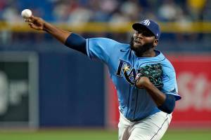 Tampa Bay Rays relief pitcher Diego Castillo delivers to the Boston Red Sox during the ninth inning of a baseball game Wednesday, June 23, 2021, in St. Petersburg, Fla. (AP Photo/Chris O'Meara)