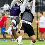 Lake Stevens Trayce Hanks blocks a pass during the Cougars Championship Passing Tournament at Lakewood High School on July 31 in Arlington. (Olivia Vanni / The Herald)