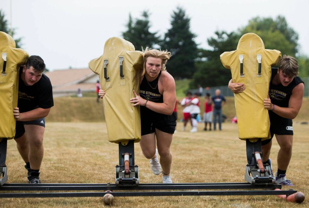 Lake Stevens linemen participate in the sled push during the Cougars Championship Lineman Challenge on July 31 in Arlington. (Olivia Vanni / The Herald)