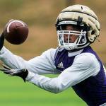 Lake Steven's Trayce Hanks makes a catch for a touchdown during the Cougars Championship Passing Tournament at Lakewood High School on Saturday, July 31, 2021 in Arlington, Wash. (Olivia Vanni / The Herald)