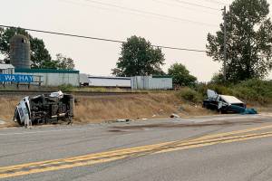 Ten people were injured in a three-vehicle rollover crash Sunday afternoon that closed both directions of U.S. 2. (Washington State Patrol)