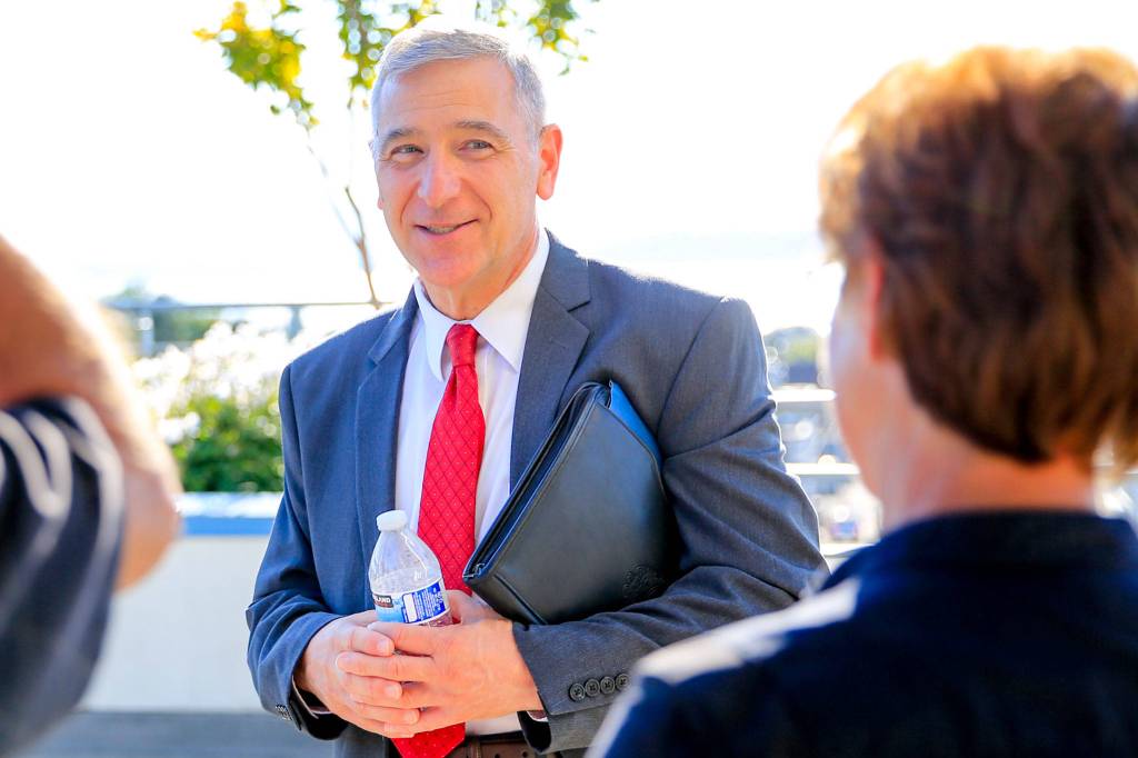 Dante Orlandi during a meet-and-greet with Edmonds Police Chief finalists at the Edmonds Library on Aug. 4. (Kevin Clark / The Herald)