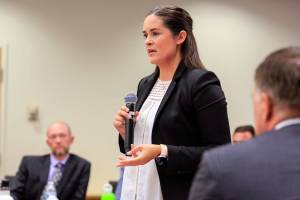 Deputy prosecutor Corinne Klein gives opening statements in the manslaughter trial for Kyle Wheeler Wednesday afternoon at the Snohomish County Superior Courthouse in Everett at August 4, 2021.  (Kevin Clark / The Herald)