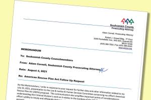 A memo from Snohomish County Prosecutor Adam Cornell to the County Council requesting financial help for a backlog of criminal prosecutions. 20210810