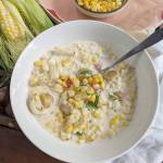 Maple syrup-candied corn gives this creamy corn chowder a spicy bite. (Gretchen McKay / Pittsburgh Post-Gazette)