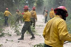 A North Pacific hand crew brushes out a road July 20 near the Cedar Creek Fire in Winthrop. (Okanogan-Wenatchee National Forest)