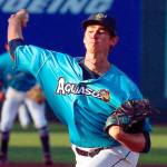AquaSox's Emerson Hancock throws a pitch against the Hillsboro Hop Roster Thursday evening at Funko Field in Everett on June 3, 2021. (Kevin Clark / The Herald)