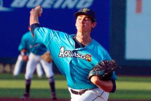 AquaSox's Emerson Hancock throws a pitch against the Hillsboro Hop Roster Thursday evening at Funko Field in Everett on June 3, 2021. (Kevin Clark / The Herald)