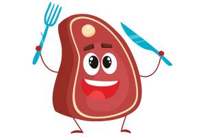 Funny beef steak character holding fork and knife, cartoon style vector illustration isolated on white background. Funny meat on bone, chop character with eyes, legs, and a wide smile