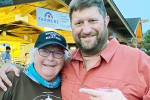 Carolyn “Dode” Carlson with Alex Crocco who is ahead by seven votes for second place for a chance at Mukilteo City Council in the general election. (Contributed photo)